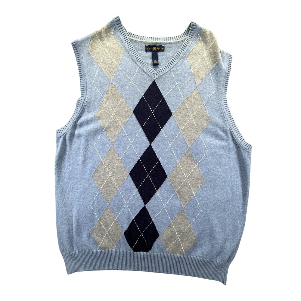 Club Room Mens Blue Argyle V-Neck Sweater Vest 100% Cotton Size M Preppy